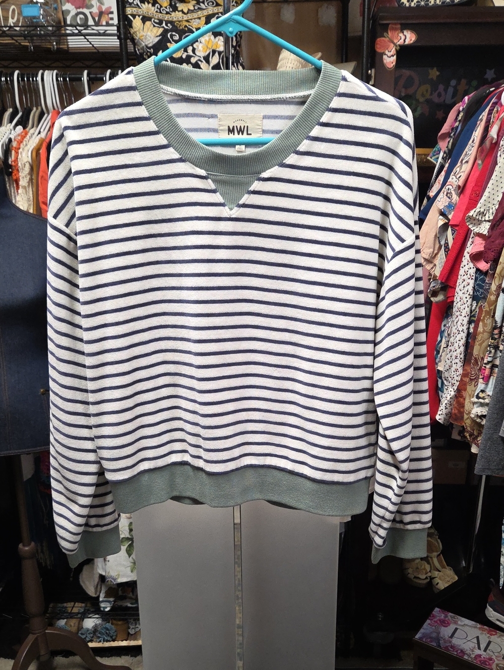 Madewell White and Navy Striped Crewneck with Sage Trim